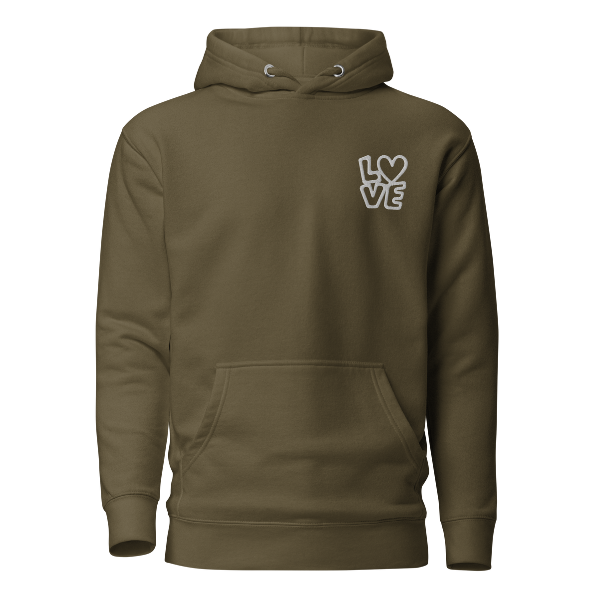 Militägrüner Hoodie mit kleinem gestickten LOVE bei dem das O durch ein Herz ersetzt ist