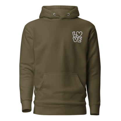 Militägrüner Hoodie mit kleinem gestickten LOVE bei dem das O durch ein Herz ersetzt ist