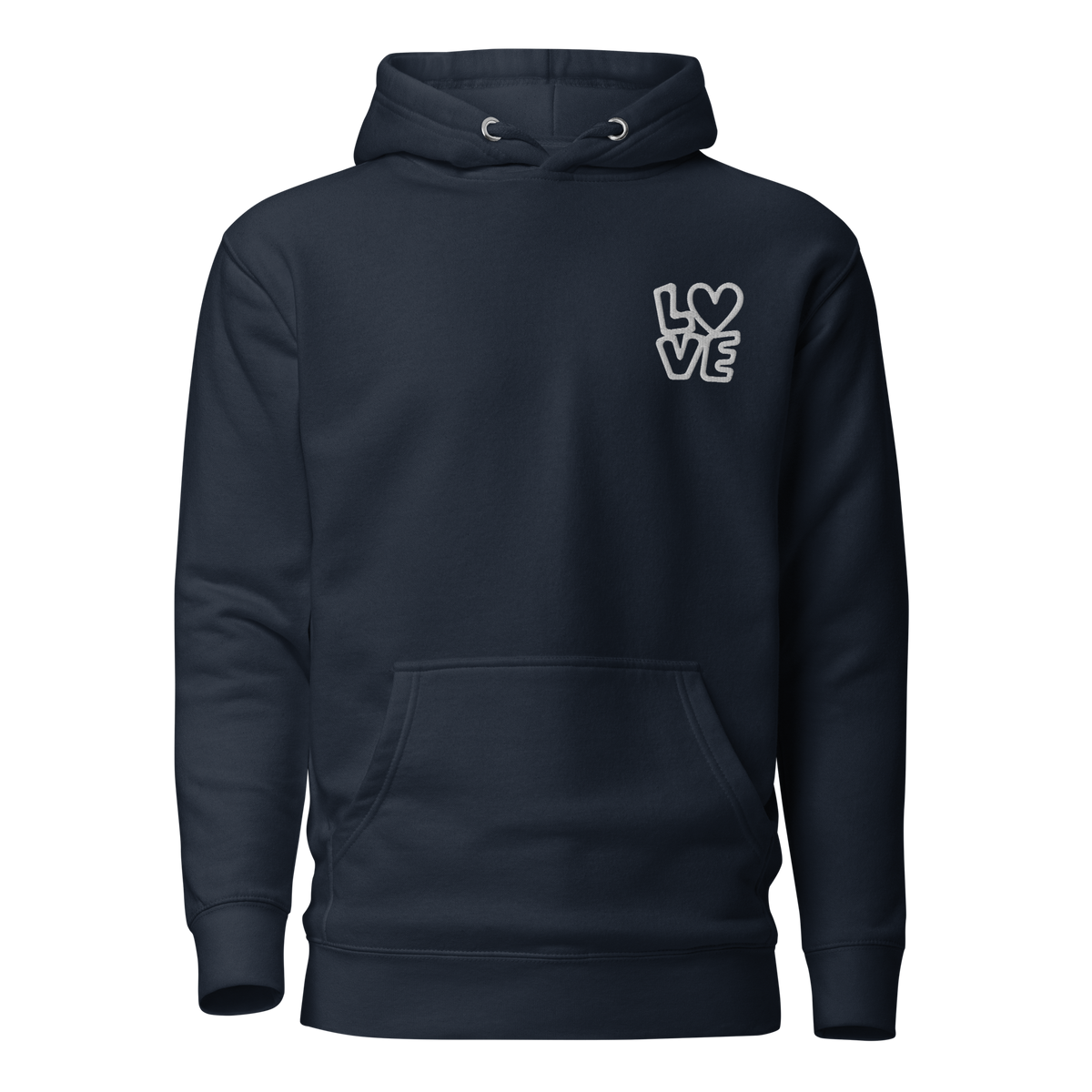 Navy Hoodie mit kleinem gestickten LOVE bei dem das O durch ein Herz ersetzt ist