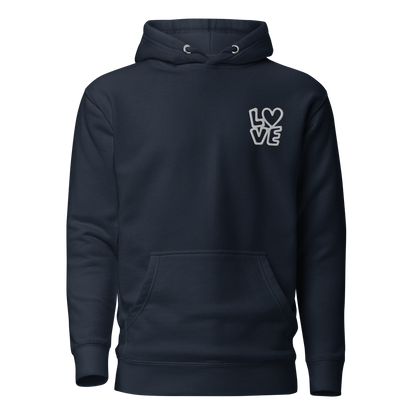 Navy Hoodie mit kleinem gestickten LOVE bei dem das O durch ein Herz ersetzt ist