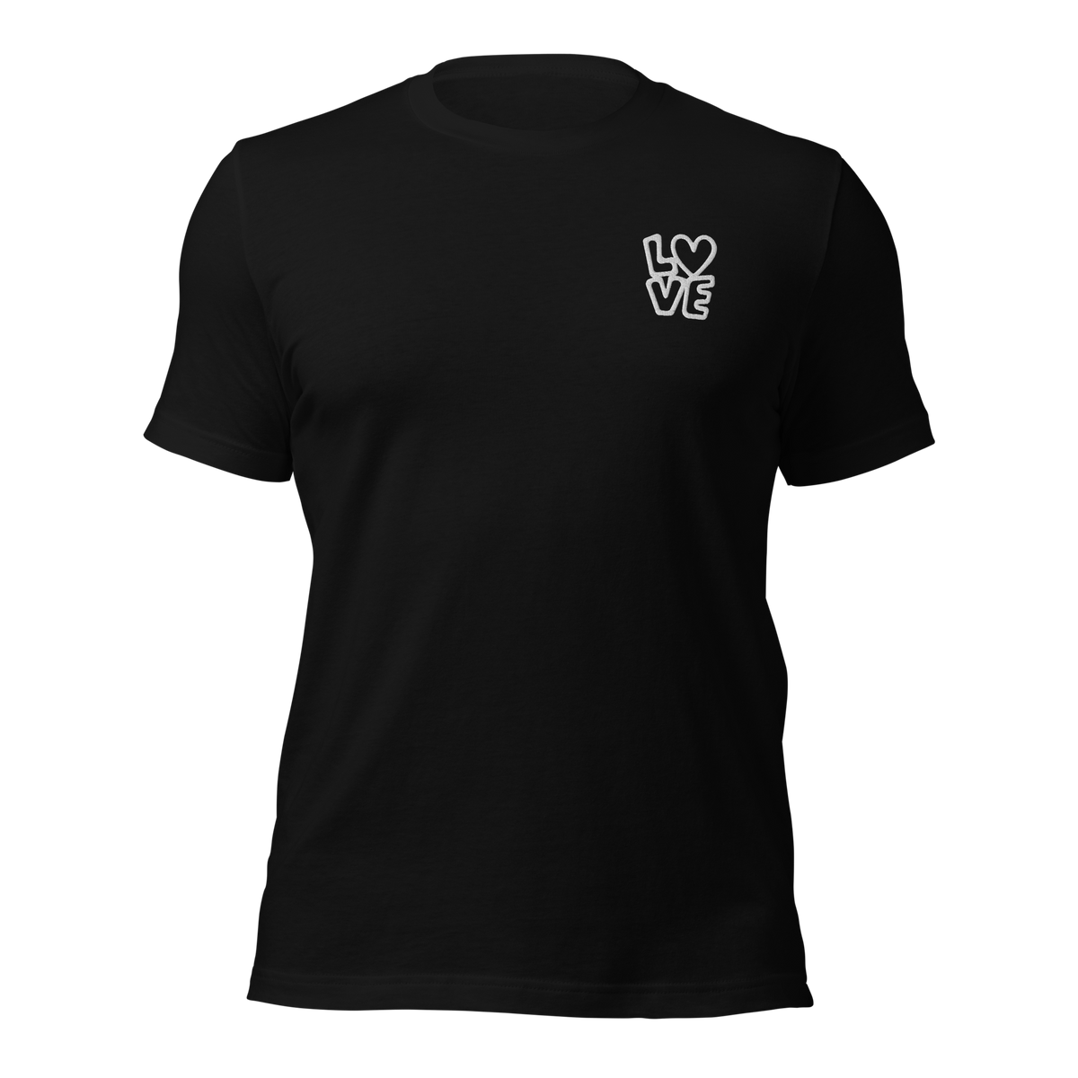 Schwarzes Unisex T-Shirt mit LOVE Stickerei bei dem das O durch ein Herz ersetzt ist
