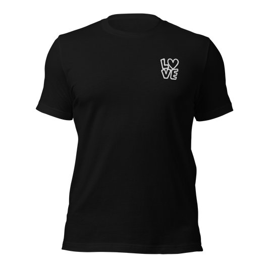 Schwarzes Unisex T-Shirt mit LOVE Stickerei bei dem das O durch ein Herz ersetzt ist