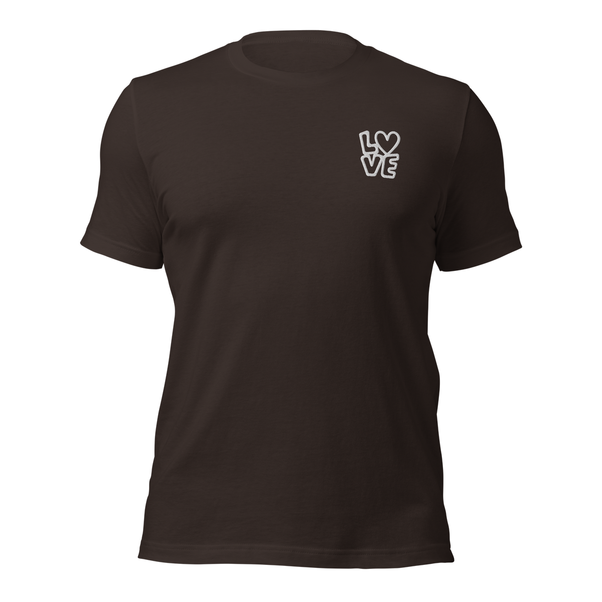 Braunes Unisex T-Shirt mit LOVE Stickerei bei dem das O durch ein Herz ersetzt ist