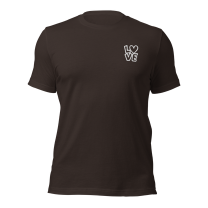 Braunes Unisex T-Shirt mit LOVE Stickerei bei dem das O durch ein Herz ersetzt ist