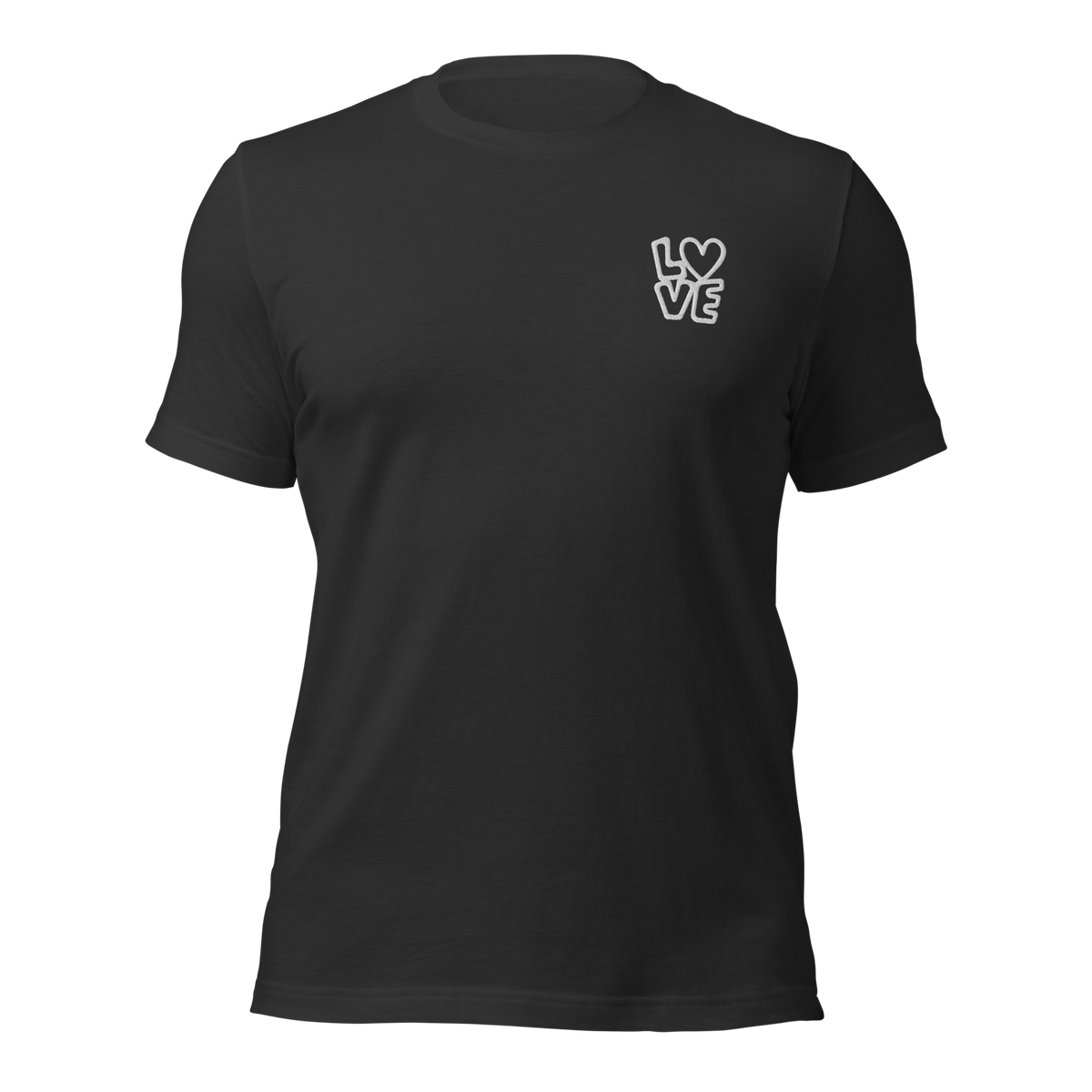 Dunkelgraues Unisex T-Shirt mit LOVE Stickerei bei dem das O durch ein Herz ersetzt ist