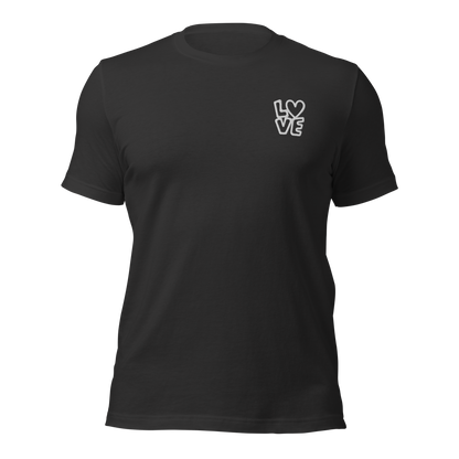 Dunkelgraues Unisex T-Shirt mit LOVE Stickerei bei dem das O durch ein Herz ersetzt ist