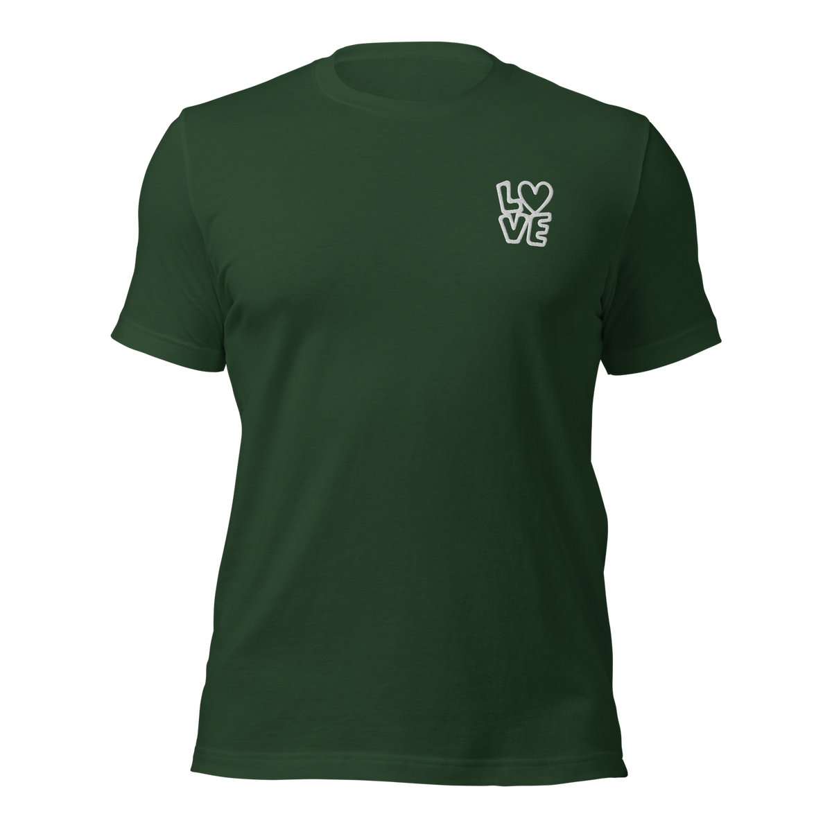 Waldgrünes Unisex T-Shirt mit LOVE Stickerei bei dem das O durch ein Herz ersetzt ist