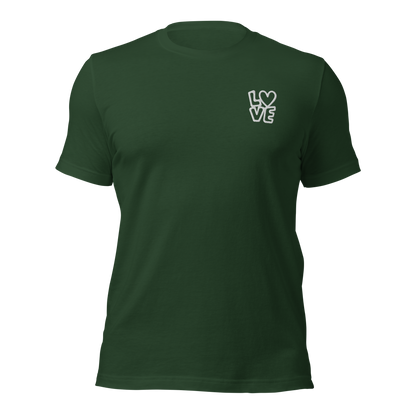 Waldgrünes Unisex T-Shirt mit LOVE Stickerei bei dem das O durch ein Herz ersetzt ist