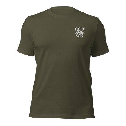 Militär grünes Unisex T-Shirt mit LOVE Stickerei bei dem das O durch ein Herz ersetzt ist