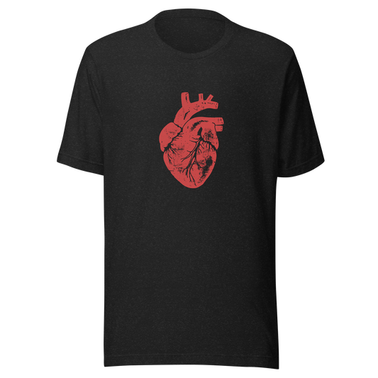 Schwarzes heather Unisex T-Shirt mit rotem minimalistischem Herz Print