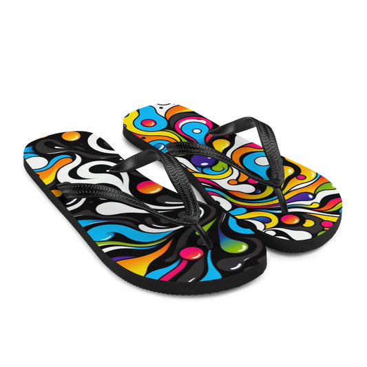 Seitenansicht zwei Flip-Flops mit buntem verschmolzenem Muster