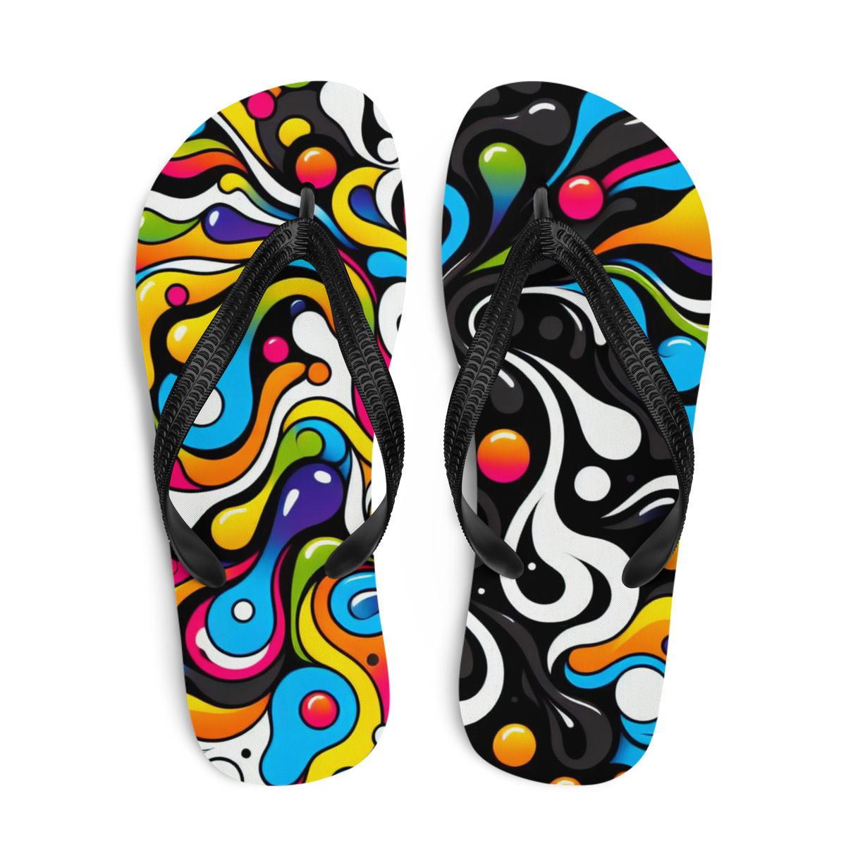 Obenansicht zwei Flip-Flops mit buntem verschmolzenem Muster