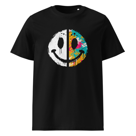 Schwarzes T-Shirt mit einem Smiley das halb weiß und halb bunt ist
