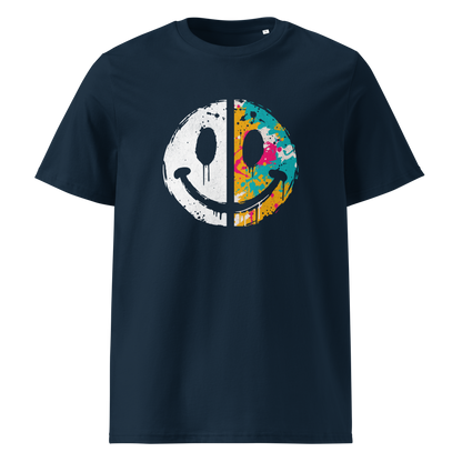 Dunkelblaues T-Shirt mit einem Smiley das halb weiß und halb bunt ist