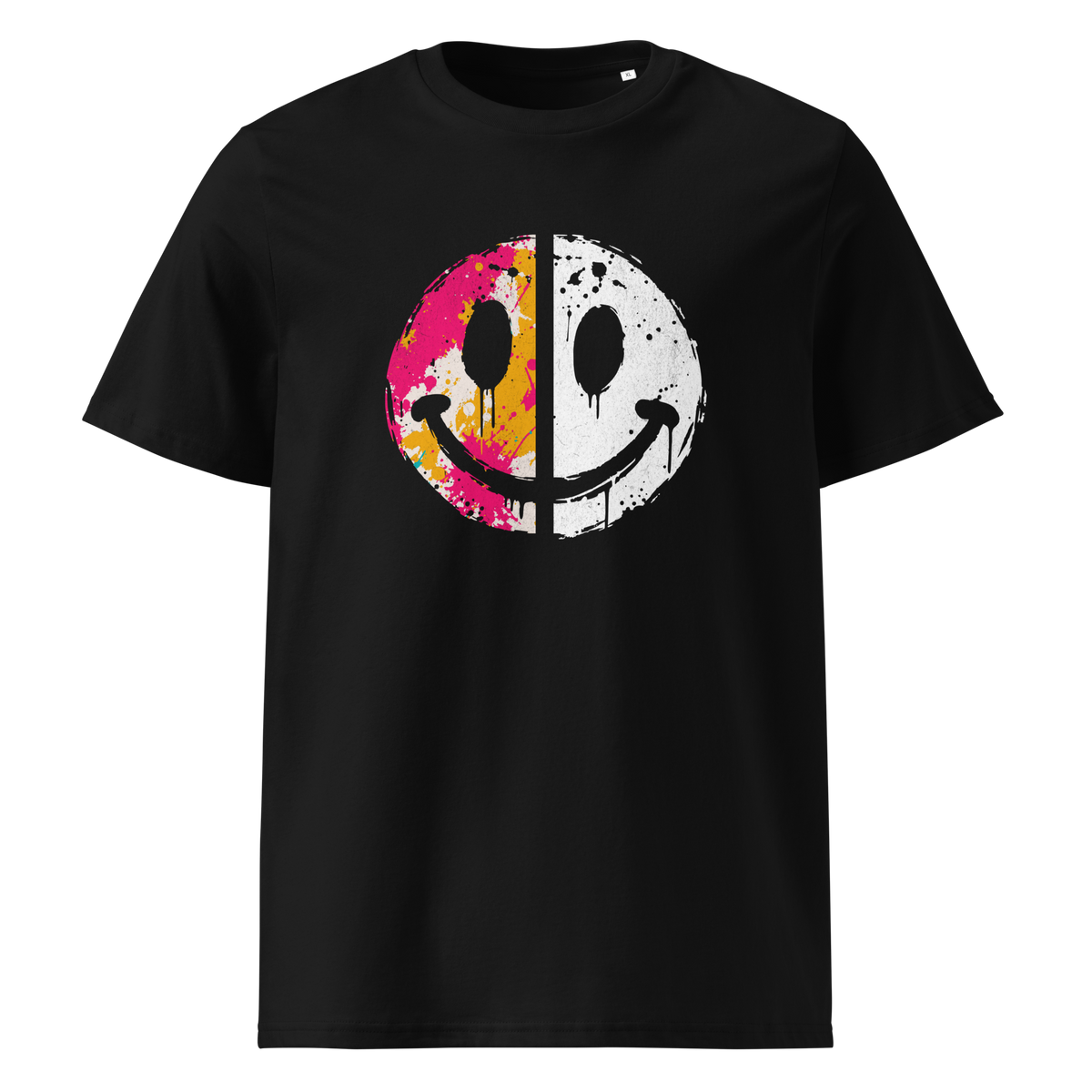 Schwarzes T-Shirt mit einem Smiley das halb weiß und halb bunt ist