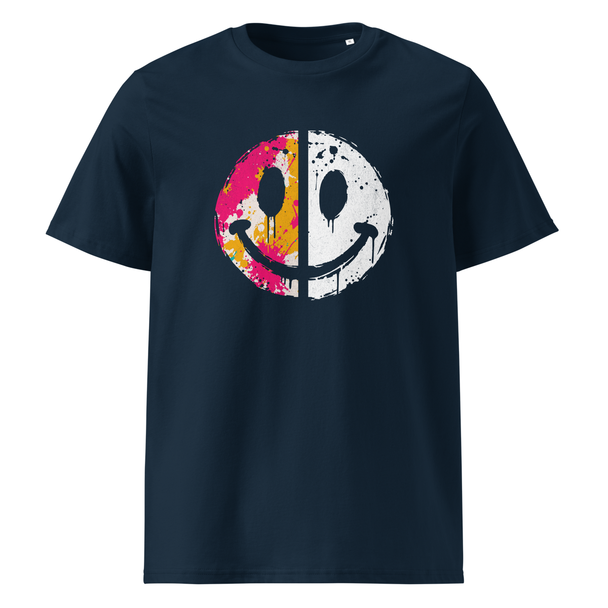 Blaues T-Shirt mit einem Smiley das halb weiß und halb bunt ist
