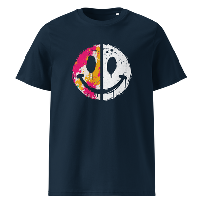 Blaues T-Shirt mit einem Smiley das halb weiß und halb bunt ist
