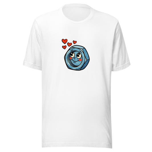 Weißes Partnerlook T-Shirt mit verliebter Werkzeug Mutter und Herzchen