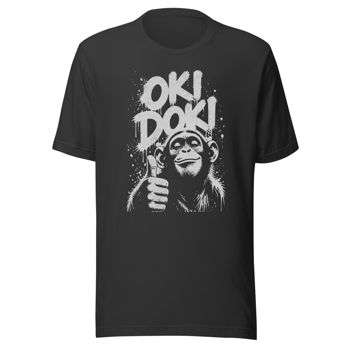 Graues T-Shirt mit Affen der Daumen hoch zeigt und den Worten Oki Doki im Graffiti Style