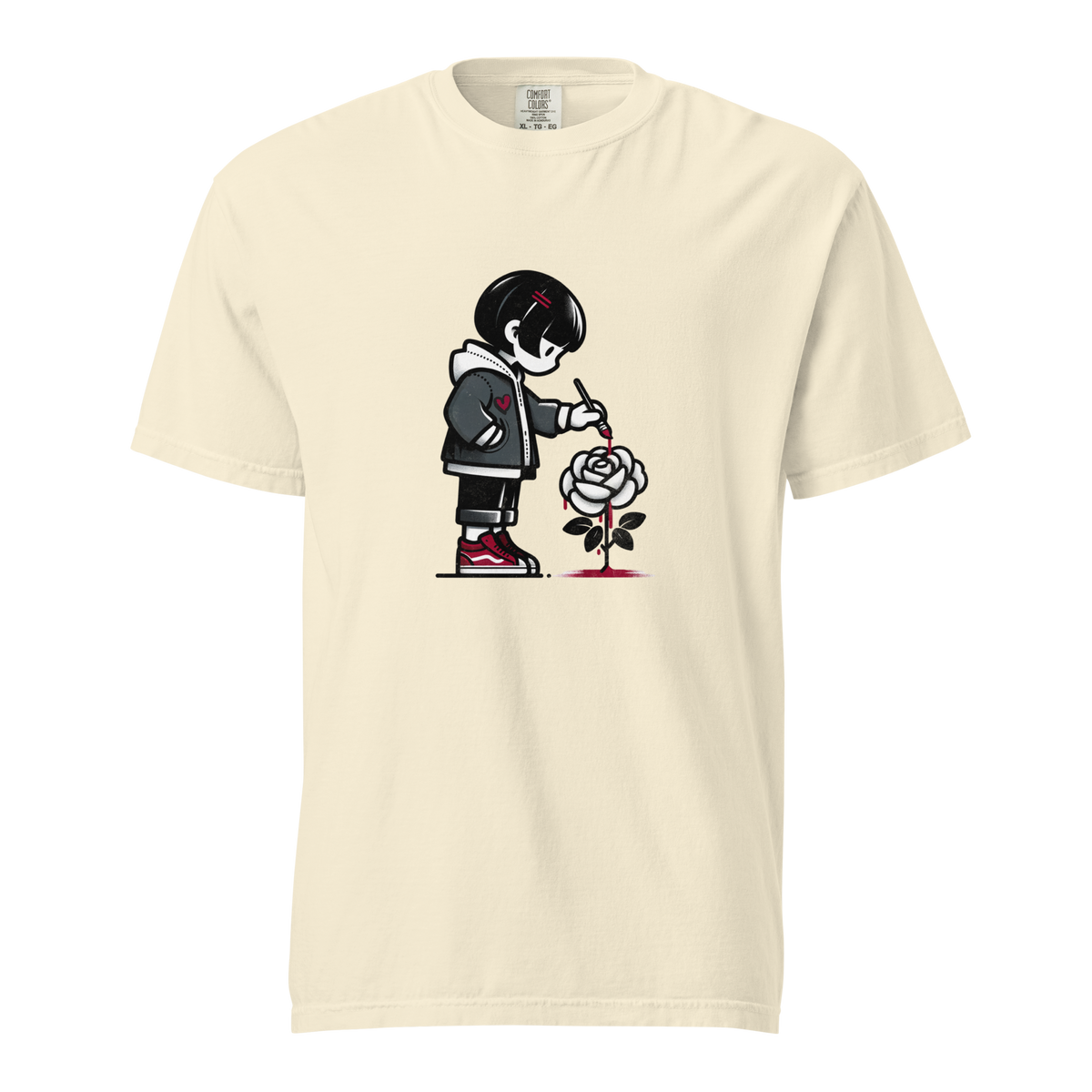 Creme farbendes Unisex T-Shirt mit Mädchen, das eine Rose rot anmalt