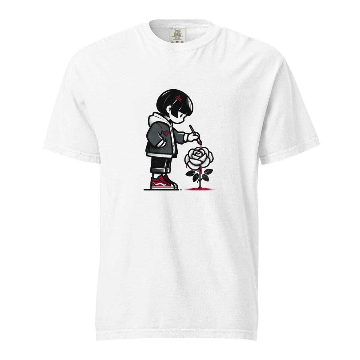 Weißes Unisex T-Shirt mit Mädchen, das eine Rose rot anmalt