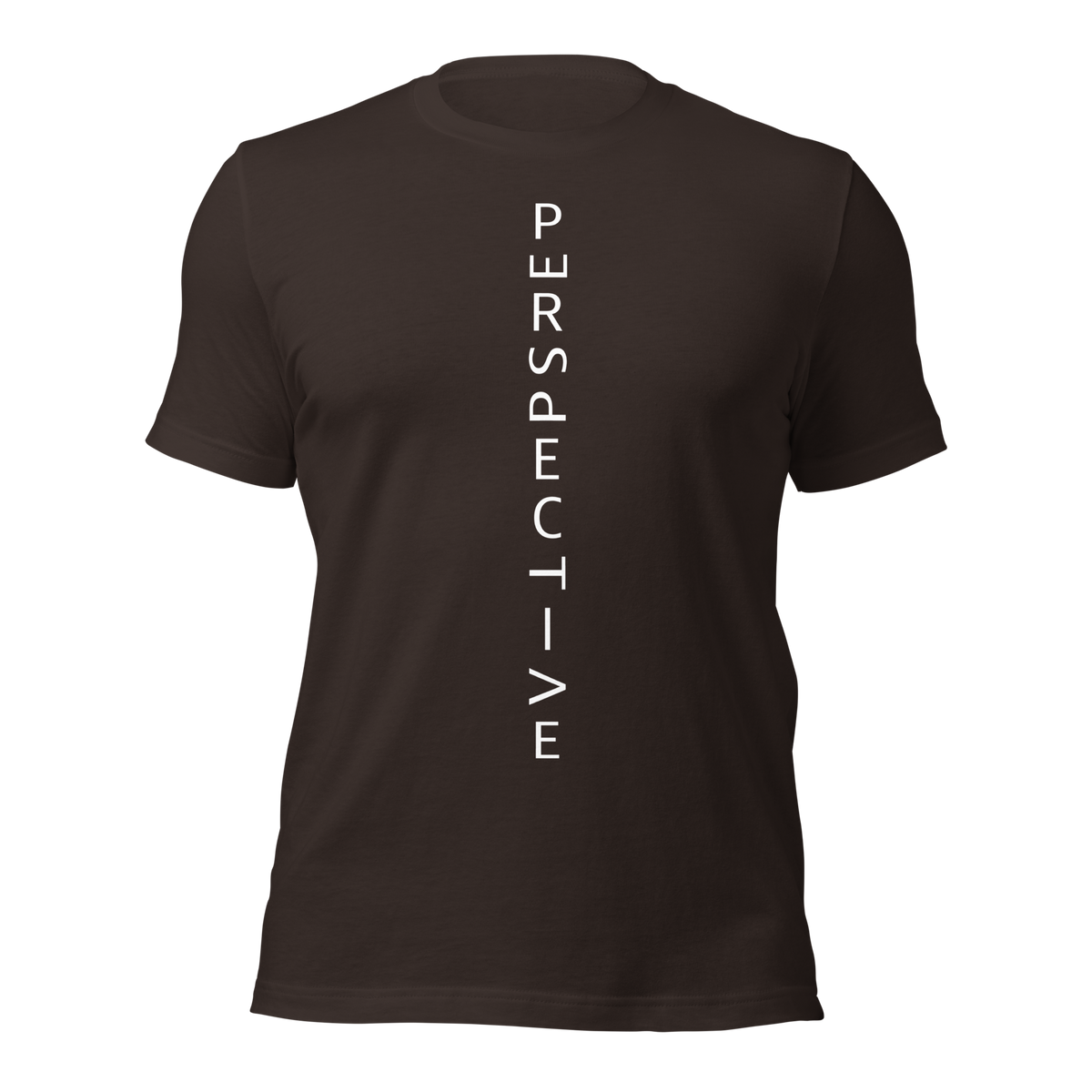 Braunes Unisex T-Shirt mit minimalistischem Perspective Print mit verdrehten Buchstaben