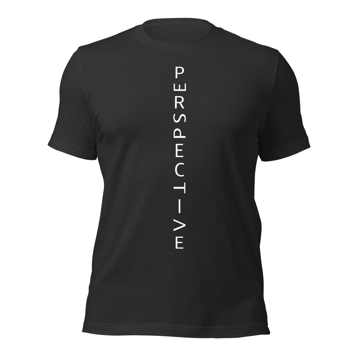 Dunkelgraues Unisex T-Shirt mit minimalistischem Perspective Print mit verdrehten Buchstaben