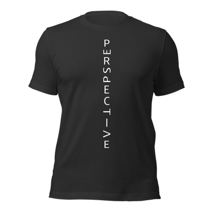 Dunkelgraues Unisex T-Shirt mit minimalistischem Perspective Print mit verdrehten Buchstaben