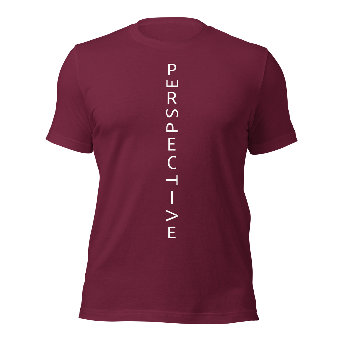 Kastanienrotes Unisex T-Shirt mit minimalistischem Perspective Print mit verdrehten Buchstaben