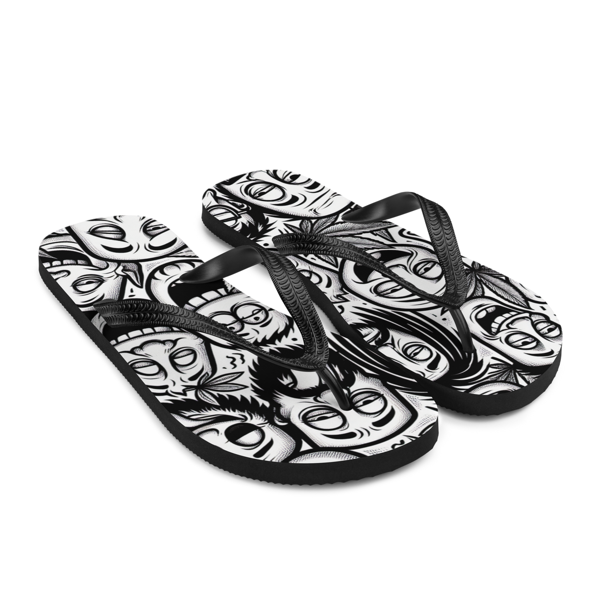 Seitenansicht von zwei Flip-Flops mit stoned Gesichtern