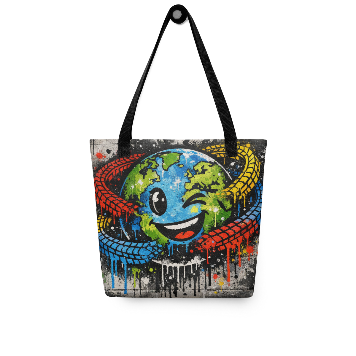 All-Over Stoffbeutel im Street-Art-Look mit buntem Planet-Design. Der Planet Playground Tote verbindet Upcycling, Kreativität und urbanen Playground-Vibe.