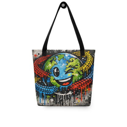 All-Over Stoffbeutel im Street-Art-Look mit buntem Planet-Design. Der Planet Playground Tote verbindet Upcycling, Kreativität und urbanen Playground-Vibe.