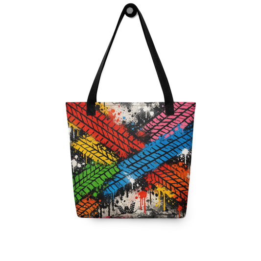 All-Over Stoffbeutel im Street-Art-Look mit buntem Reifenprofil-Design. Der Planet Playground Tote verbindet Upcycling, Kreativität und urbanen Playground-Vibe.