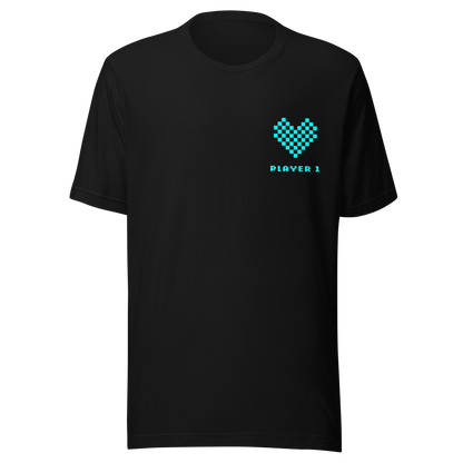 Schwarzes Partnerlook Unisex T-Shirt mit türkisem Pixel Herz und Player1 Schriftzug