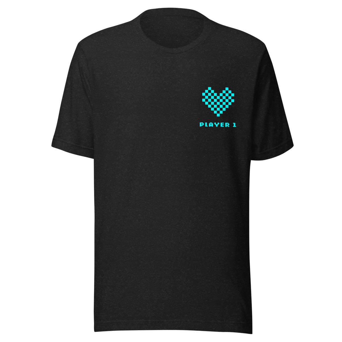 Heather schwarzes Partnerlook Unisex T-Shirt mit türkisem Pixel Herz und Player1 Schriftzug