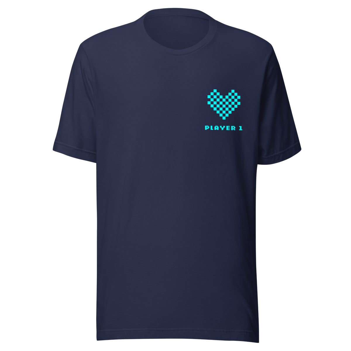 Navy Partnerlook Unisex T-Shirt mit türkisem Pixel Herz und Player1 Schriftzug