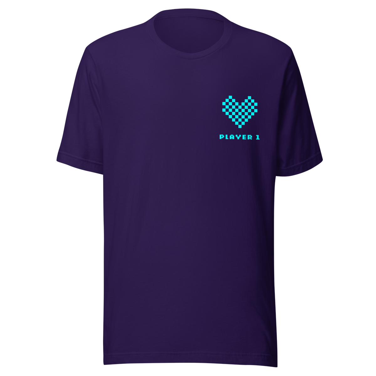 Lila Partnerlook Unisex T-Shirt mit türkisem Pixel Herz und Player1 Schriftzug