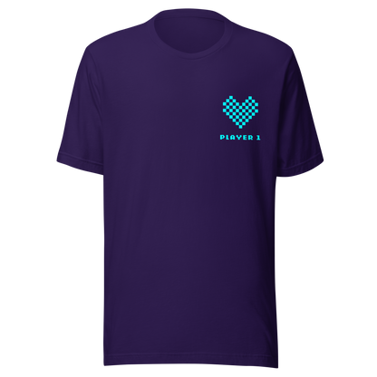 Lila Partnerlook Unisex T-Shirt mit türkisem Pixel Herz und Player1 Schriftzug
