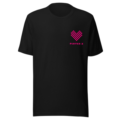 Schwarzes Partnerlook Unisex T-Shirt mit pinkem Pixel Herz und Player2 Schriftzug