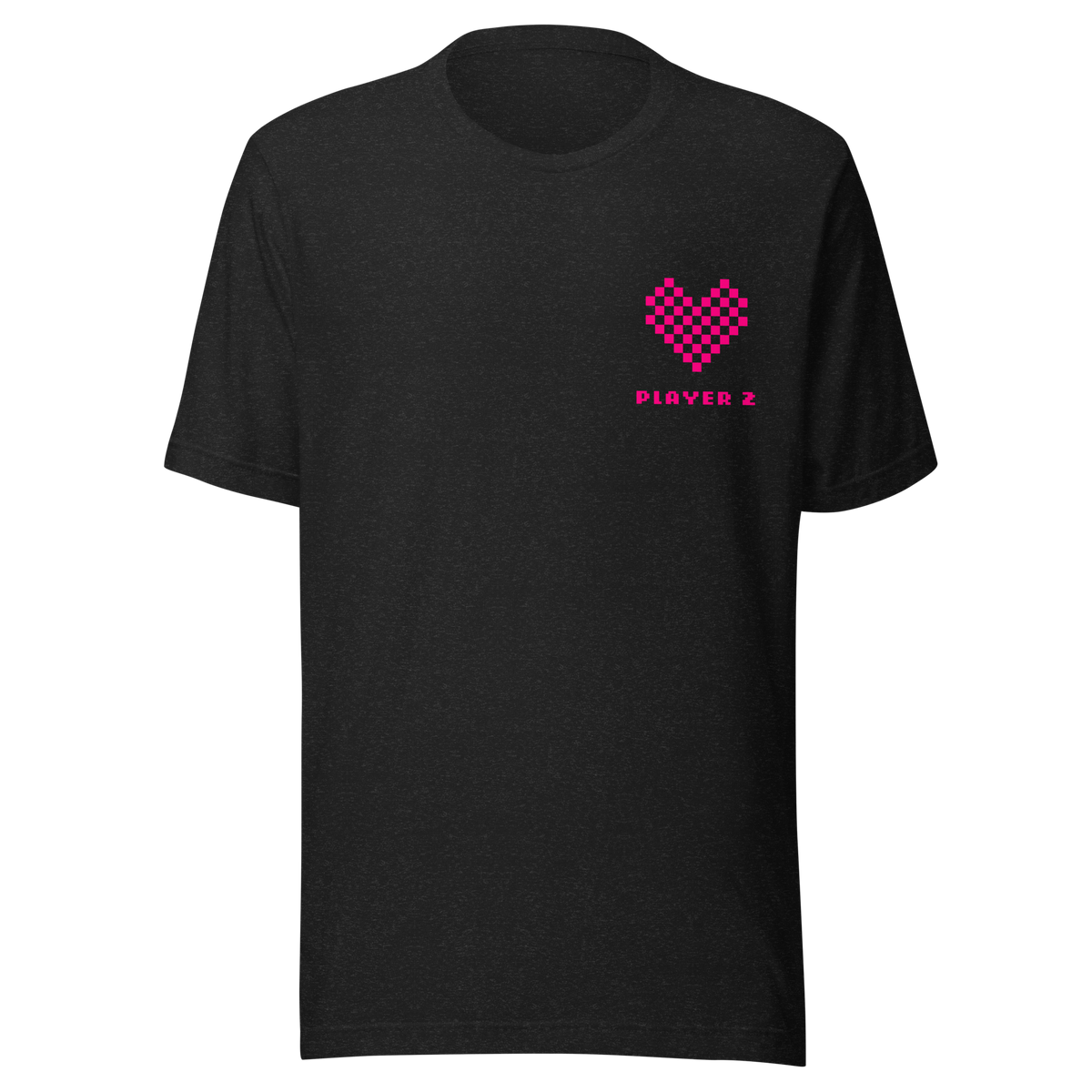 Schwarz Heather Partnerlook Unisex T-Shirt mit pinkem Pixel Herz und Player2 Schriftzug