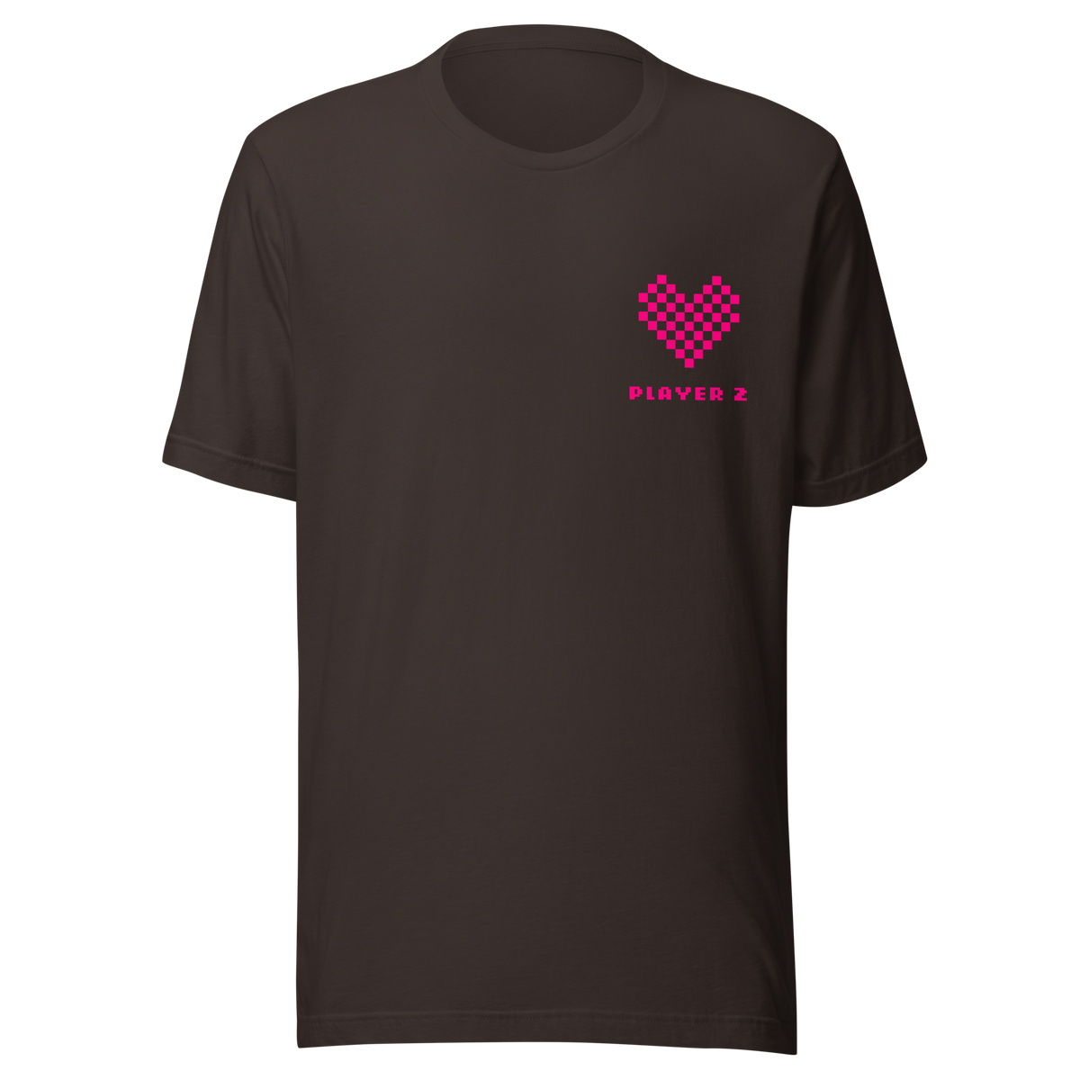 Braunes Partnerlook Unisex T-Shirt mit pinkem Pixel Herz und Player2 Schriftzug