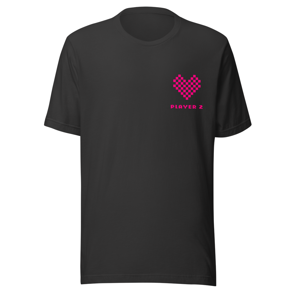 Dunkelgraues Partnerlook Unisex T-Shirt mit pinkem Pixel Herz und Player2 Schriftzug
