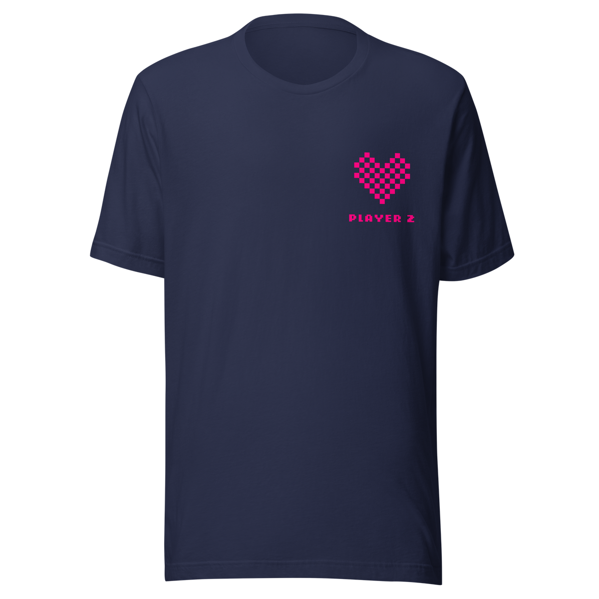 Navy Partnerlook Unisex T-Shirt mit pinkem Pixel Herz und Player2 Schriftzug