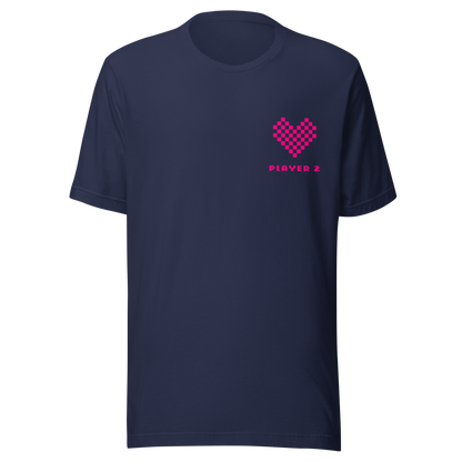 Navy Partnerlook Unisex T-Shirt mit pinkem Pixel Herz und Player2 Schriftzug