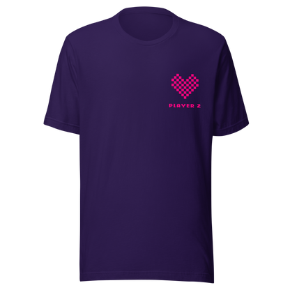 Lila Partnerlook Unisex T-Shirt mit pinkem Pixel Herz und Player2 Schriftzug
