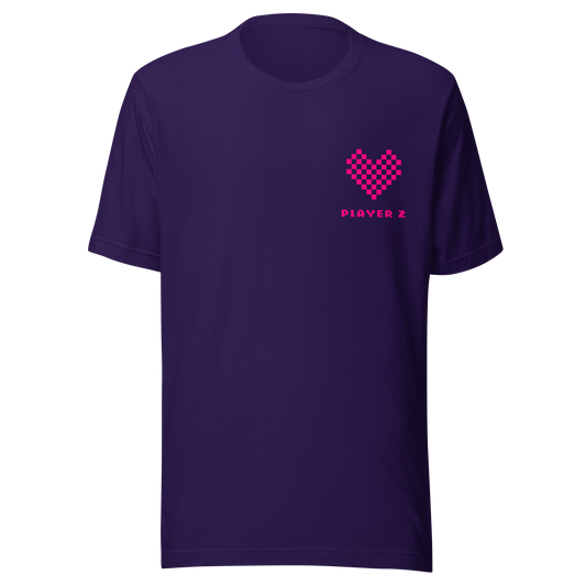 Lila Partnerlook Unisex T-Shirt mit pinkem Pixel Herz und Player2 Schriftzug