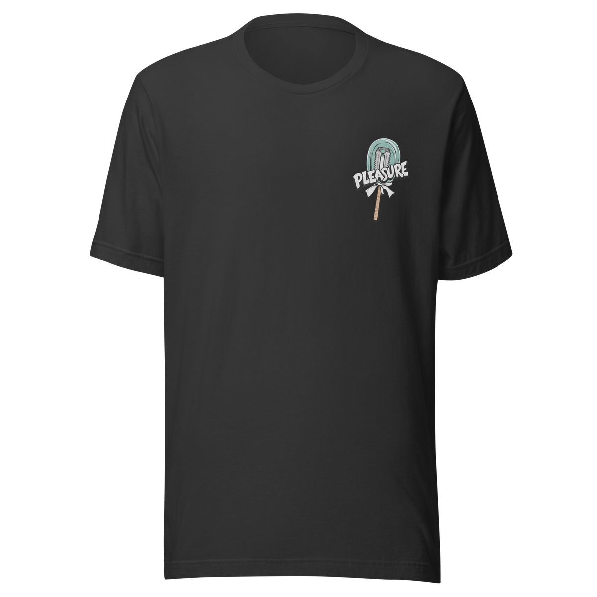 Dunkelgraues T-Shirt mit kleinem Lutscher mit Klinge im Kern und Pleasure Schriftzug