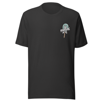 Dunkelgraues T-Shirt mit kleinem Lutscher mit Klinge im Kern und Pleasure Schriftzug