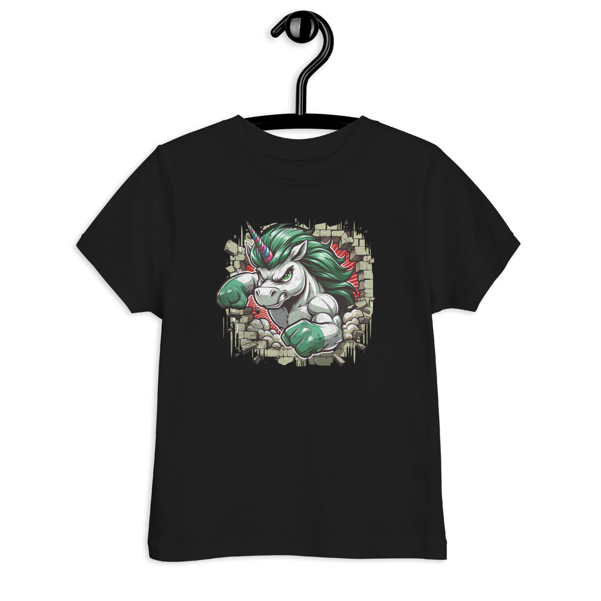 Schwarzes Kinder T-Shirt mit Einhorn das eine Wand durchbricht Motiv
