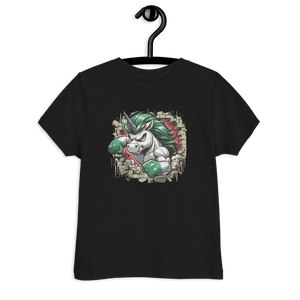 Schwarzes Kinder T-Shirt mit Einhorn das eine Wand durchbricht Motiv